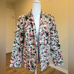 Sag Harbor Womens Petite Size 14P Blazer Floral Linen Blend Open Front